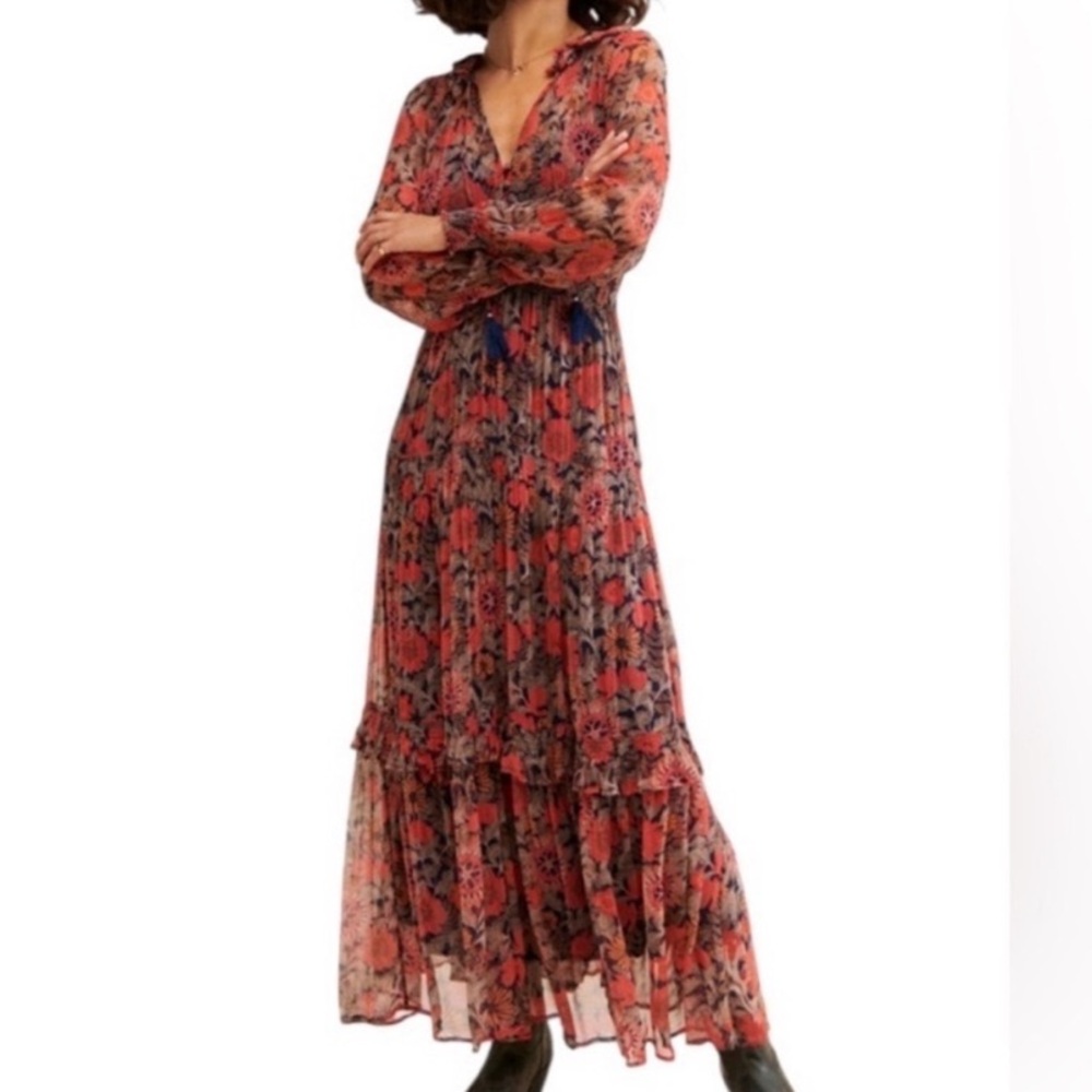 Anthropologie Red and Blue Floral Maxi Dress